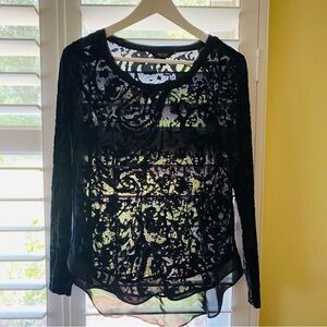 Velvet Burn Out Floral Sheer L/S Curve Hem Fairygoth Whimsigoth Black Navy SMALL